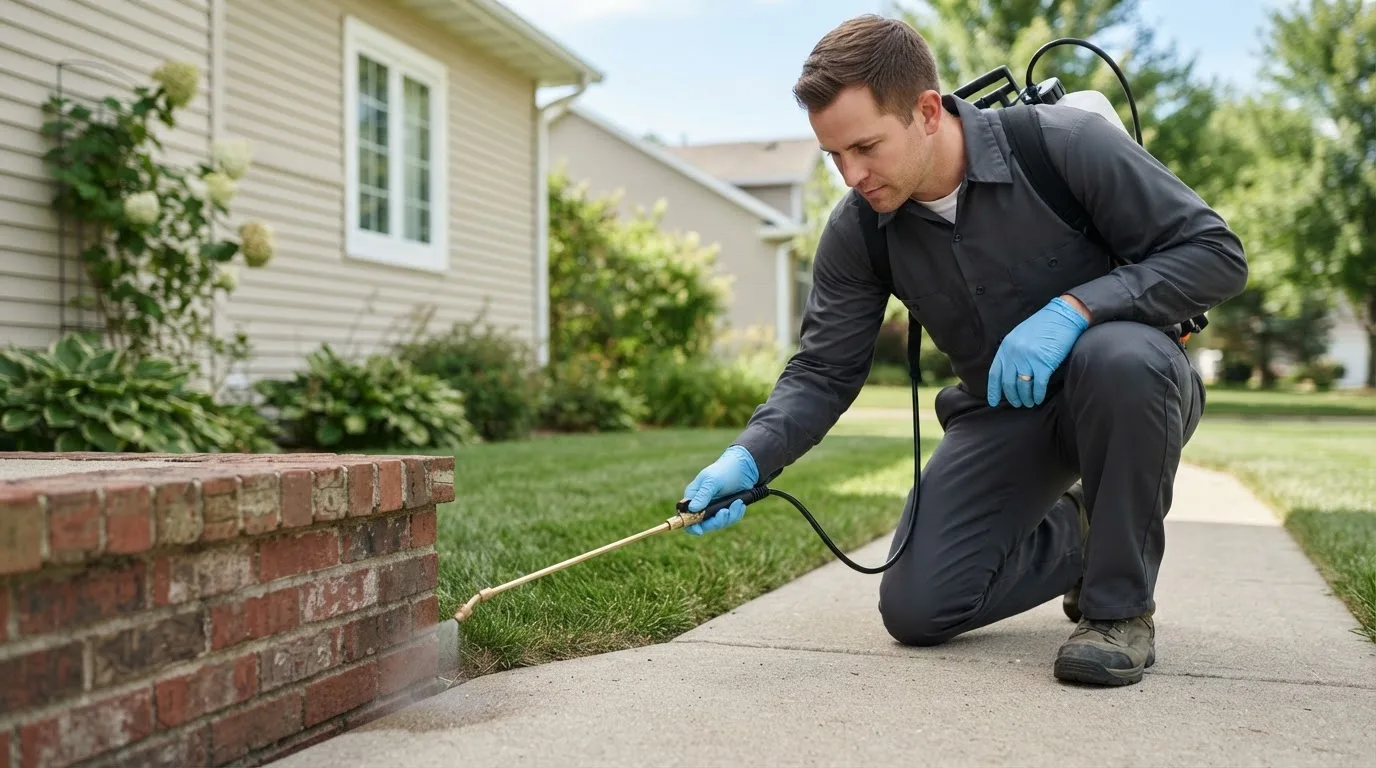 Pest control technician treating a home near Elba, NE